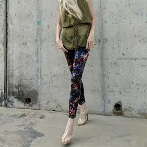 Guess Floral Print Skinny Jeans 26 Black Low-Rise Rare Artsy Y2K